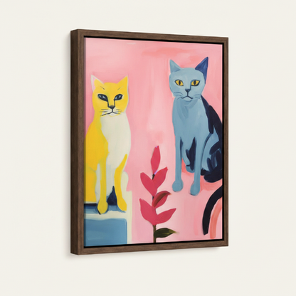 Framed pop art cat canvas print with dark walnut floating frame on clean cream background