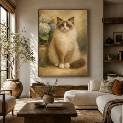 Classical Ragdoll cat floral portrait canvas in walnut frame above rustic sideboard in warm cozy living room