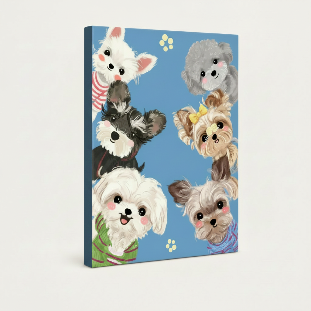 Gallery wrapped canvas print of kawaii puppies on sky blue background, angled product view