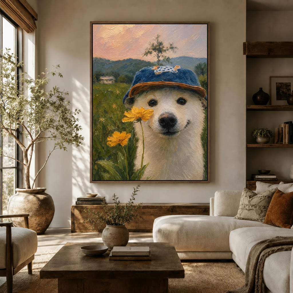 Large Shiba Inu wildflower impressionist canvas wall art hung above sideboard in warm modern living room