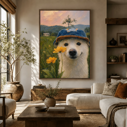 Large Shiba Inu wildflower impressionist canvas wall art hung above sideboard in warm modern living room