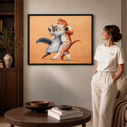 Dancing cats canvas art hangs above a console while a seated man looks toward the painting.