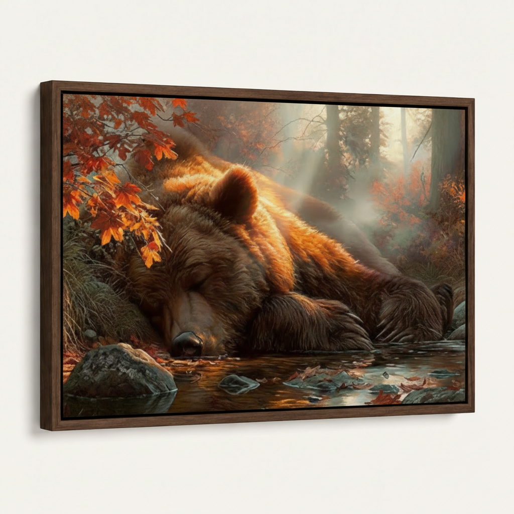 Sleeping bear canvas print in dark walnut float frame angled product view on white background