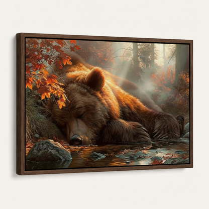 Sleeping bear canvas print in dark walnut float frame angled product view on white background
