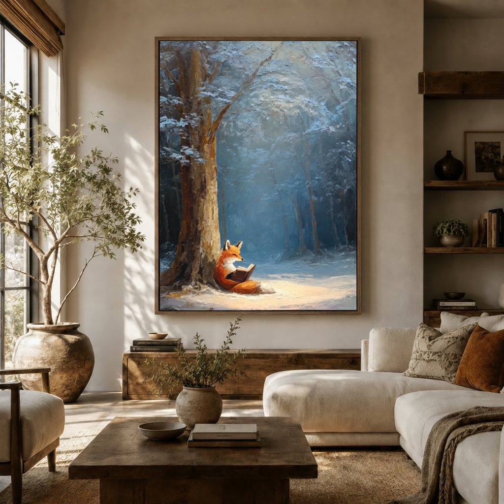 Whimsical fox reading snowy forest impressionist canvas in walnut frame above rustic sideboard, warm living room