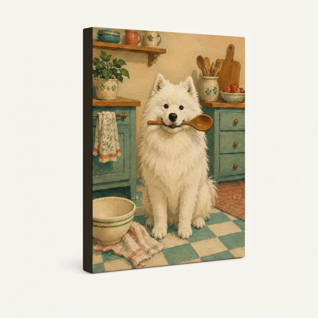Samoyed folk art gallery-wrapped canvas print shown at angle on white background