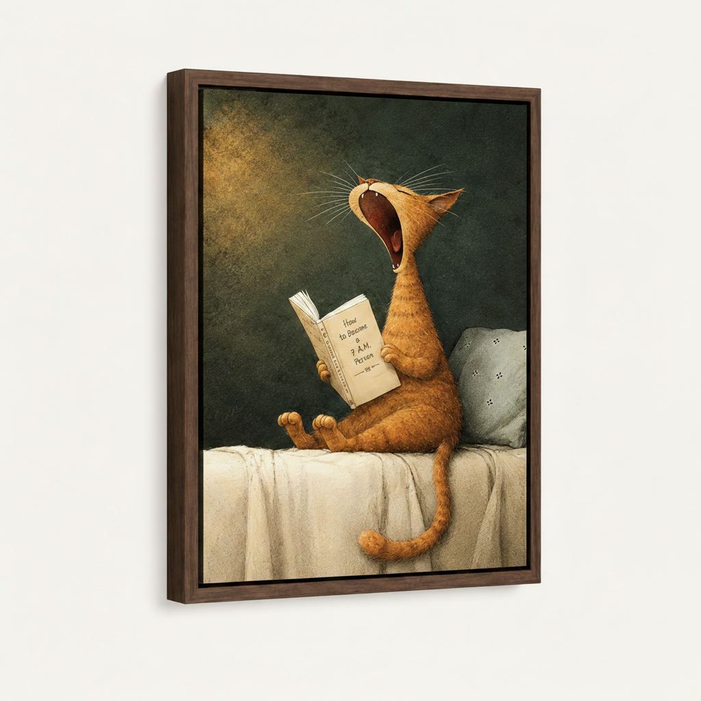  Humorous cat reading book framed canvas art with dark walnut frame on white background