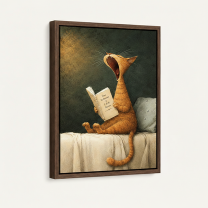  Humorous cat reading book framed canvas art with dark walnut frame on white background