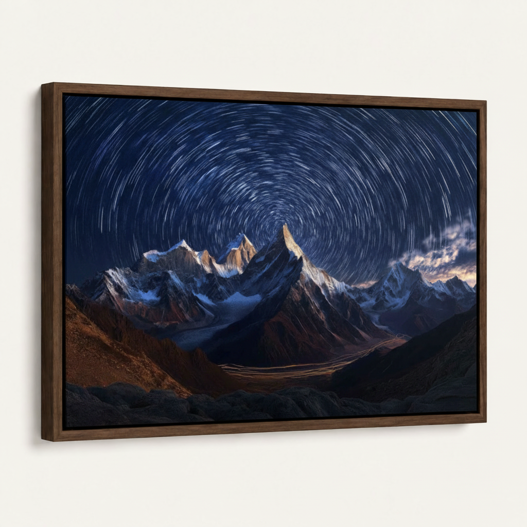 Dark walnut floater frame canvas of star trail night sky over snow-capped peaks on off-white background, angled view
