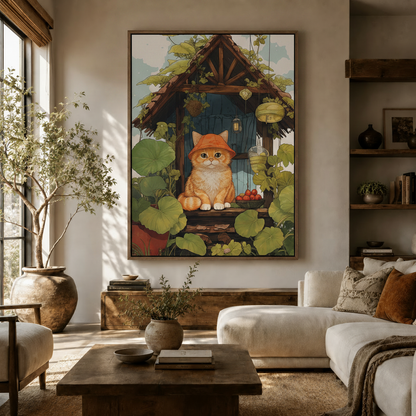  Ghibli-inspired orange cat cottage canvas in dark frame hung in warm Japandi living room