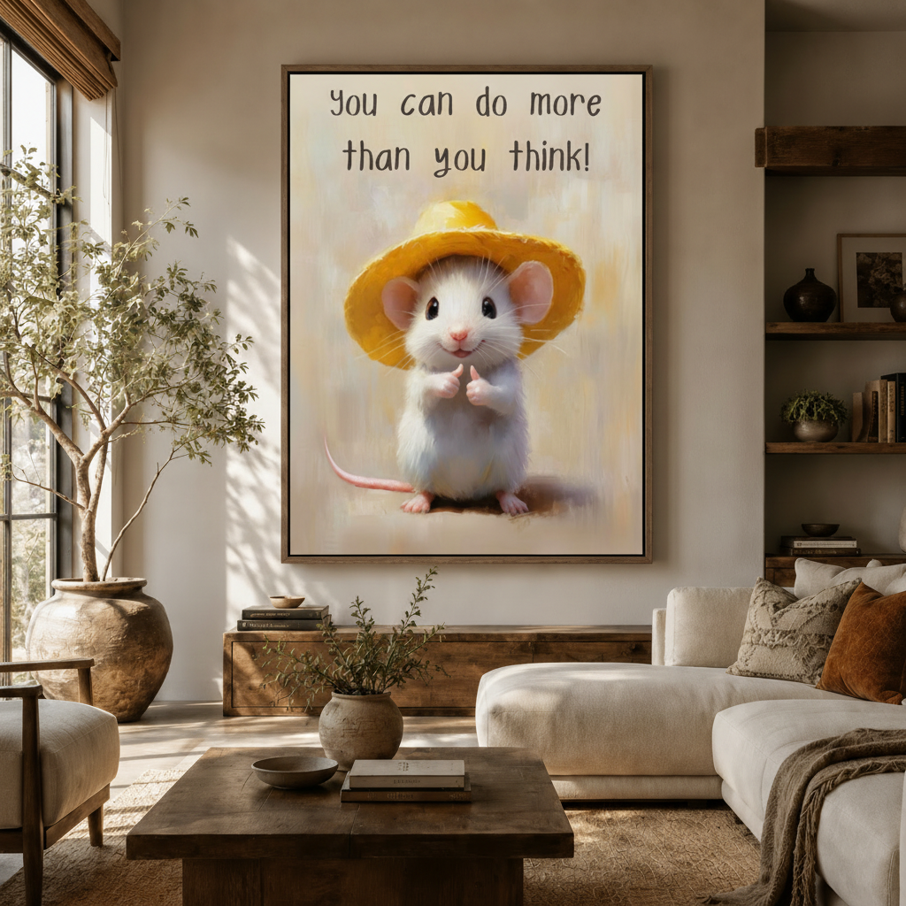 White mouse yellow hat motivational canvas in walnut frame above rustic sideboard in warm bright living room