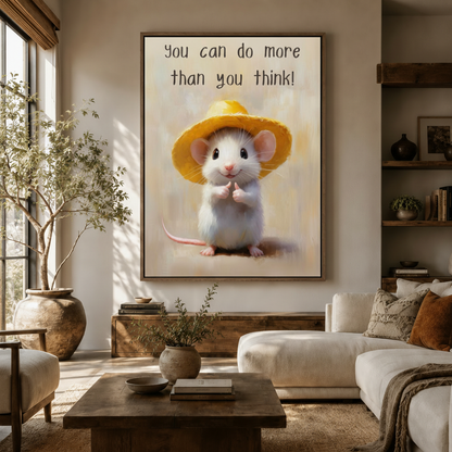White mouse yellow hat motivational canvas in walnut frame above rustic sideboard in warm bright living room