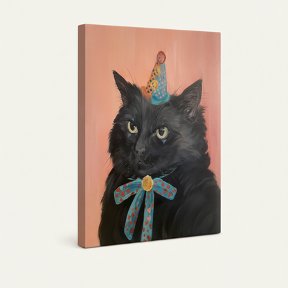 Gallery-wrapped funny cat canvas print in left-tilting 3/4 product view on white background