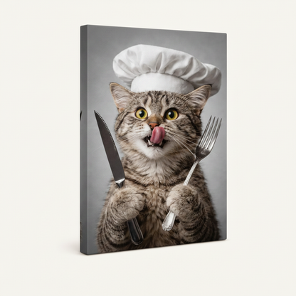 Gallery-wrapped canvas side view of photorealistic tabby cat in chef hat holding knife and fork