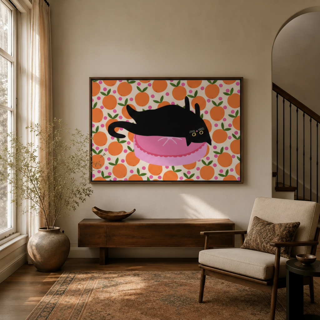 Bold black cat graphic canvas art hanging in warm entryway beside staircase and linen armchair