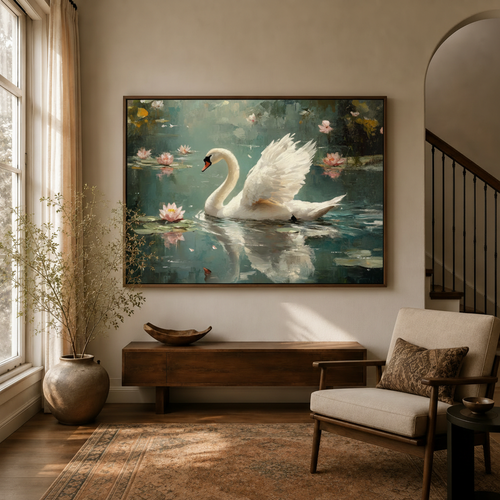Romantic white swan lotus impressionist canvas art hanging in warm entryway beside staircase and linen armchair