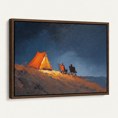 Dark walnut framed canvas wall art featuring two silhouettes under a vast starry night sky