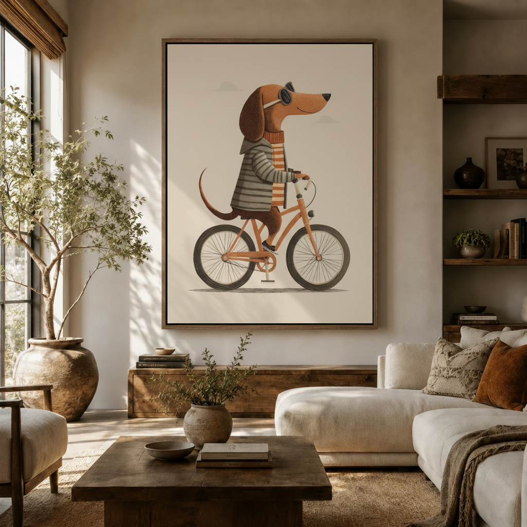 Charming dachshund riding bicycle retro illustration canvas above sideboard in warm organic living room