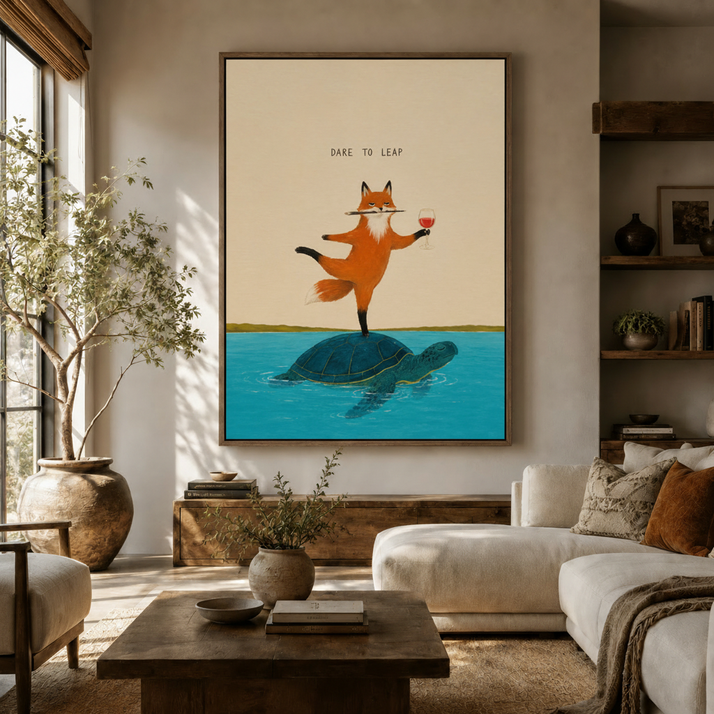 Dare to leap fox turtle motivational minimalist canvas in walnut frame above rustic sideboard in modern living room