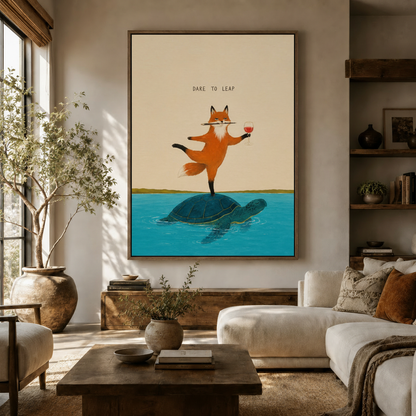 Dare to leap fox turtle motivational minimalist canvas in walnut frame above rustic sideboard in modern living room
