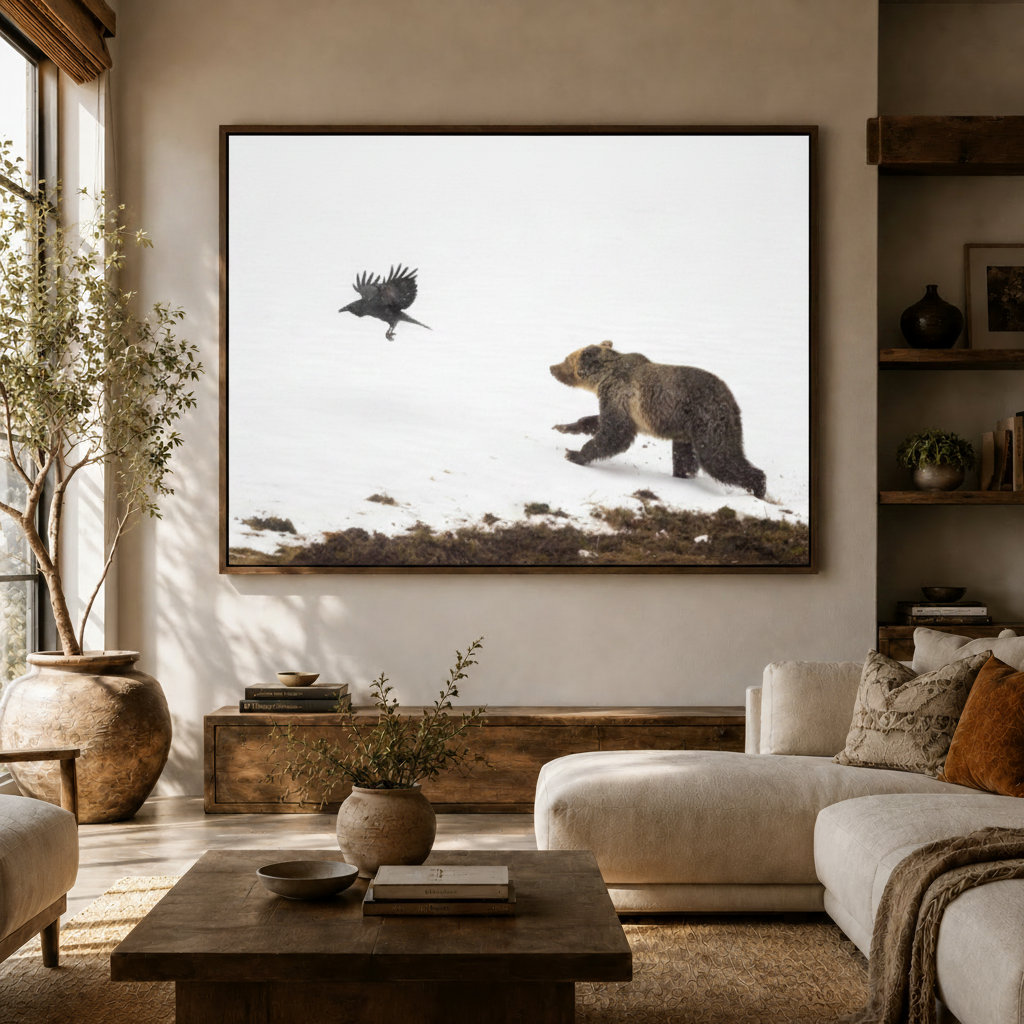 Large wildlife canvas print of a bear chasing a raven hung on a living room wall above a modern sofa