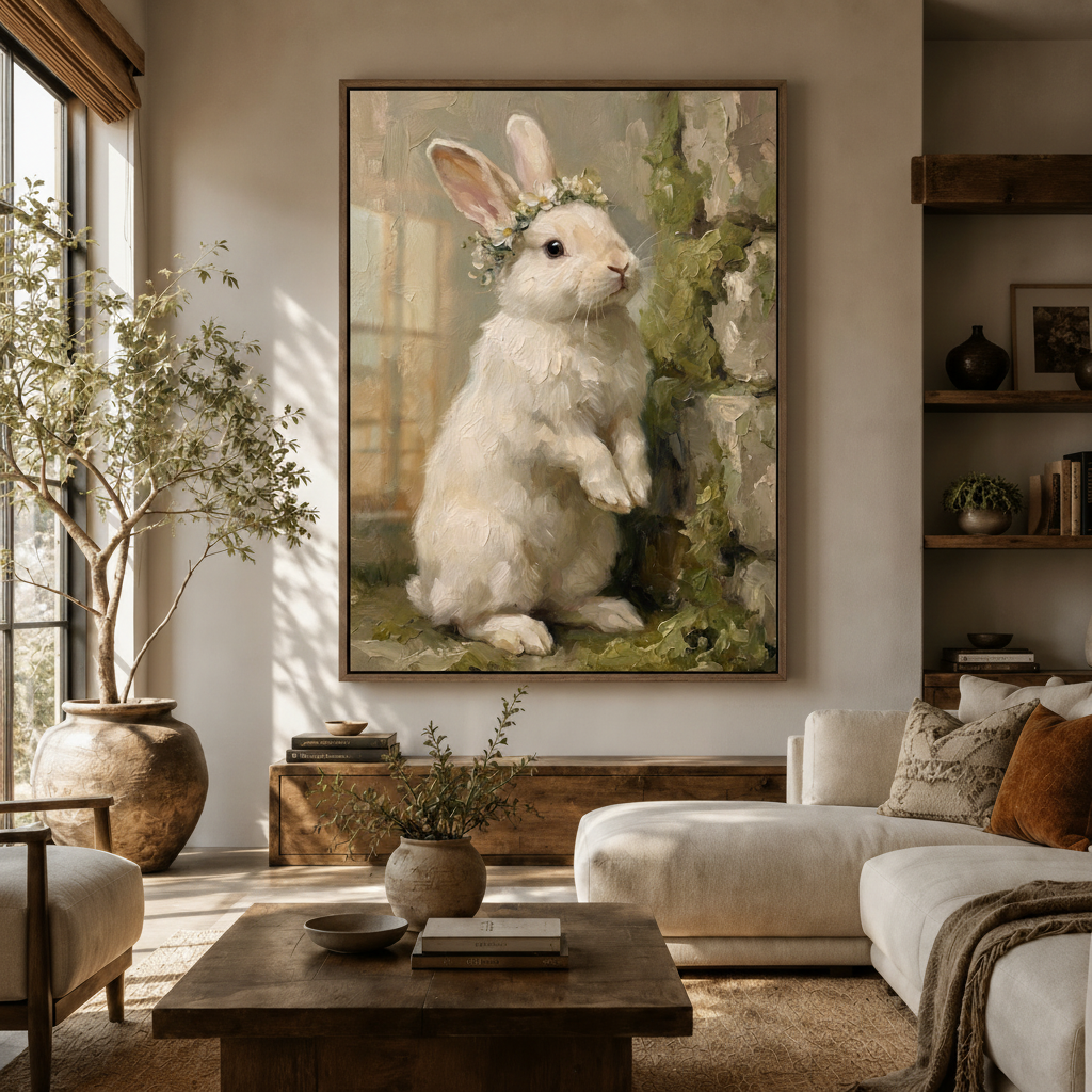 Elegant white rabbit flower crown canvas above sideboard in warm modern living room