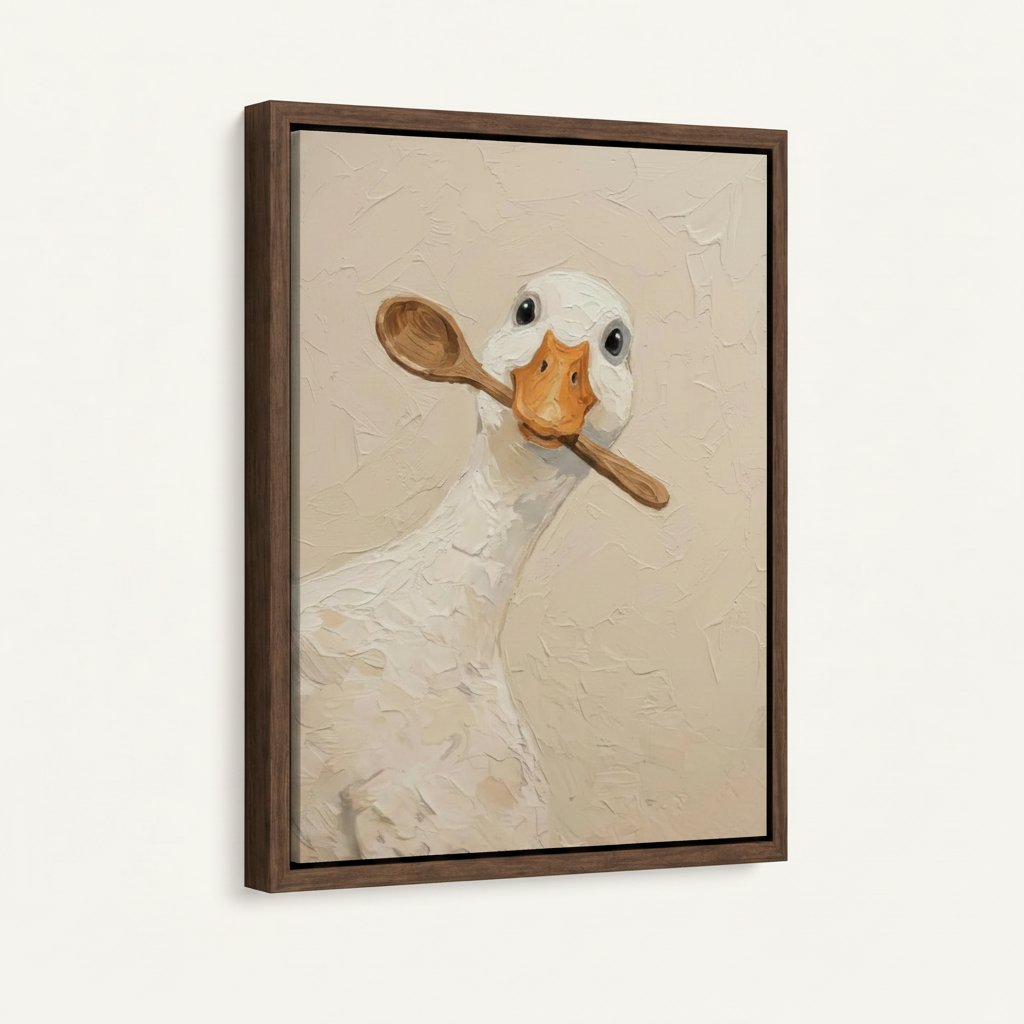 Dark walnut framed white goose spoon canvas art product mockup on white background at left-angle view