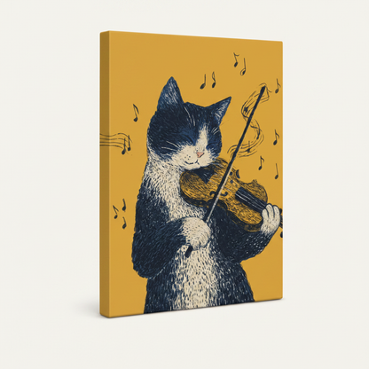 Gallery wrapped cat playing violin canvas print, angled side view with solid gold edges