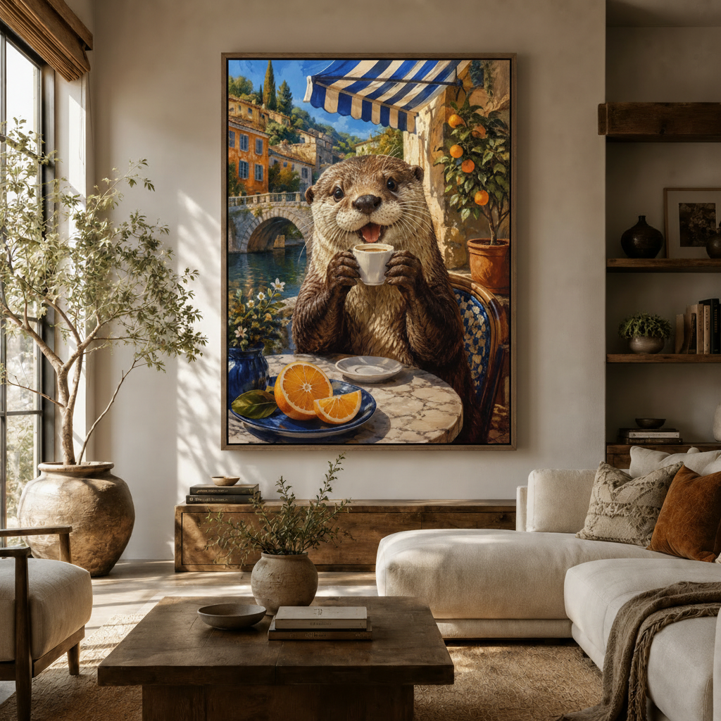 Warm otter cafe canvas art hanging in bright Japandi style living room