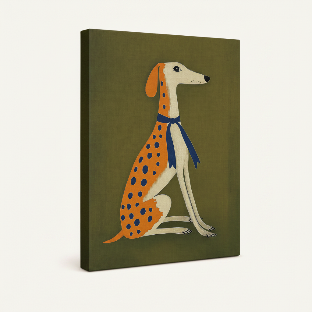 Gallery wrapped greyhound canvas print shown at angle on white background