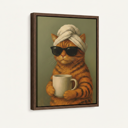 Funny cat canvas print in dark walnut float frame shown at an angle on a cream background