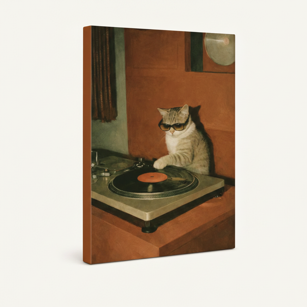 Gallery-wrapped DJ cat vinyl turntable canvas side view showing warm terracotta tones