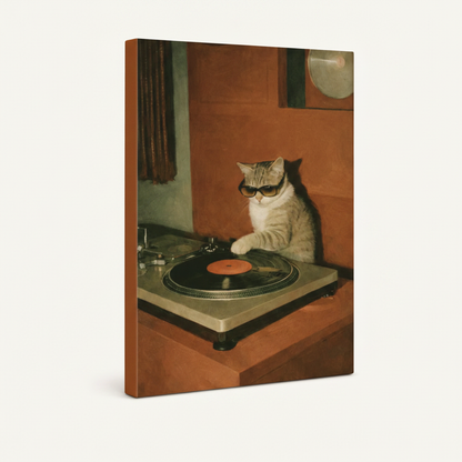 Gallery-wrapped DJ cat vinyl turntable canvas side view showing warm terracotta tones