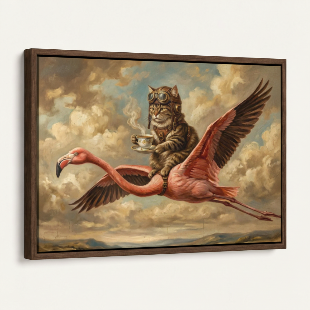  Cat riding flamingo surreal canvas print in dark walnut float frame, angled product view on white background