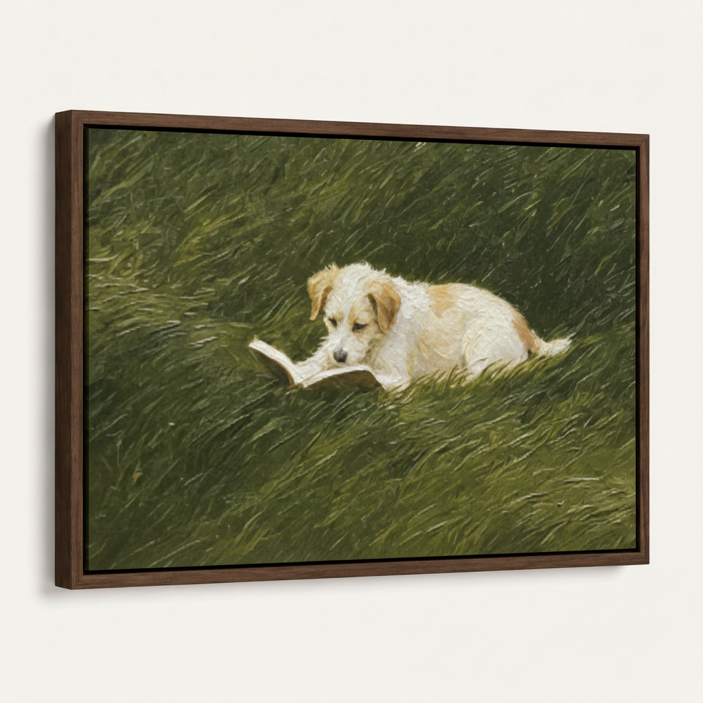 Framed canvas puppy reading book realist oil painting in dark walnut float frame angled view