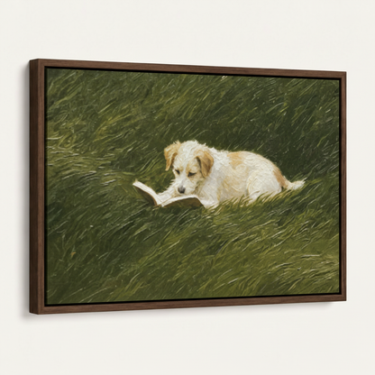 Framed canvas puppy reading book realist oil painting in dark walnut float frame angled view
