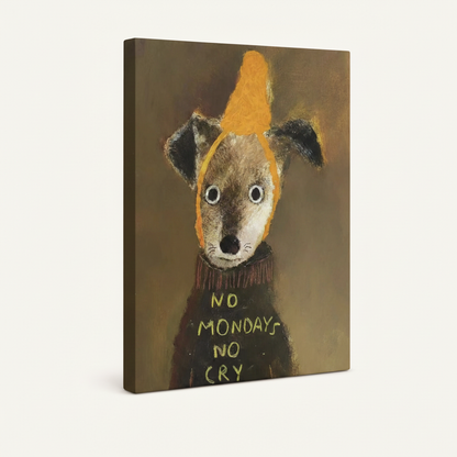 Gallery-wrapped folk art dog canvas print side view showing clean wrapped edges