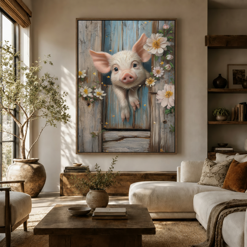  Cute piglet floral canvas wall art hanging in warm modern living room with olive tree and white sofa