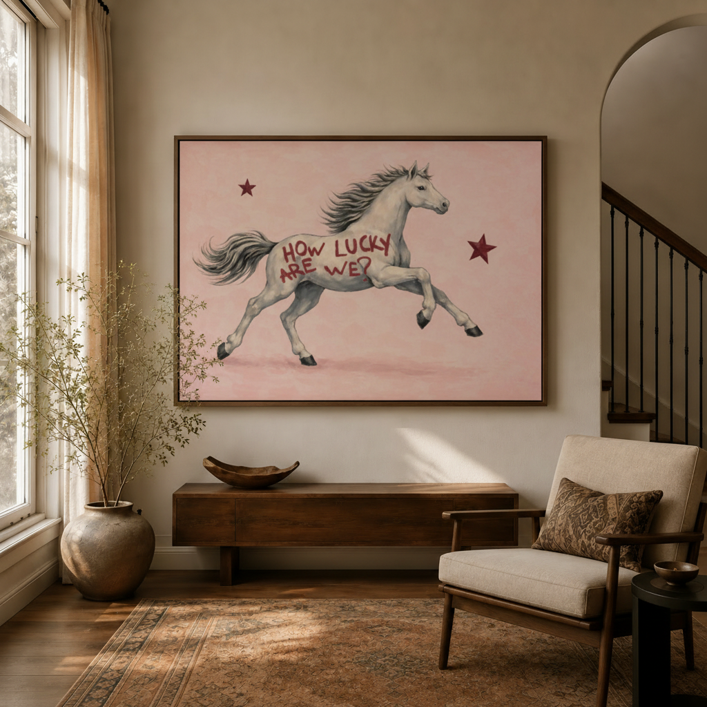 White horse inspirational vintage canvas art hanging in warm entryway beside staircase and linen armchair