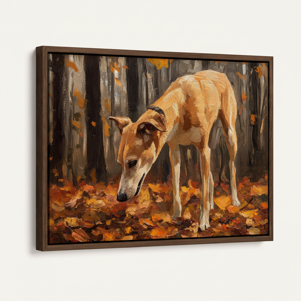 Golden greyhound autumn leaves forest impressionist canvas in dark walnut float frame, angled product view on white background