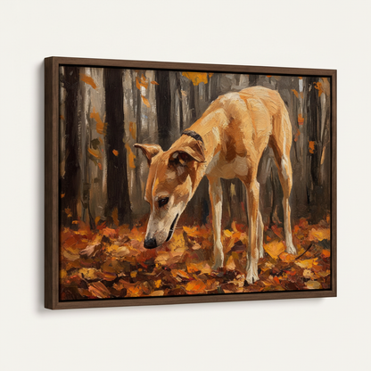 Golden greyhound autumn leaves forest impressionist canvas in dark walnut float frame, angled product view on white background
