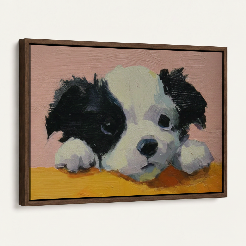 Side-angle white background view of puppy portrait framed canvas art showing walnut floater frame depth