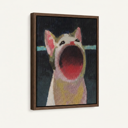 Dark walnut framed canvas of expressive cat oil painting with teal stripe detail, 3/4 angle view