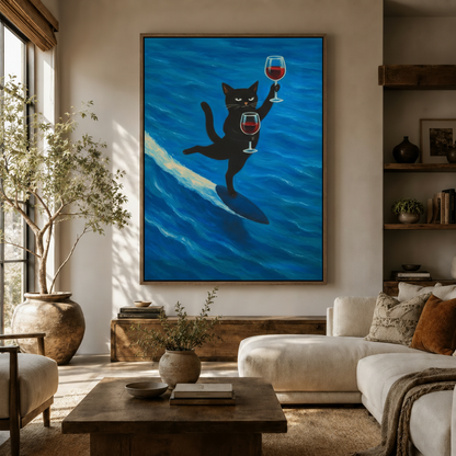 Bold black cat surfing canvas art with red wine glasses displayed in neutral living room