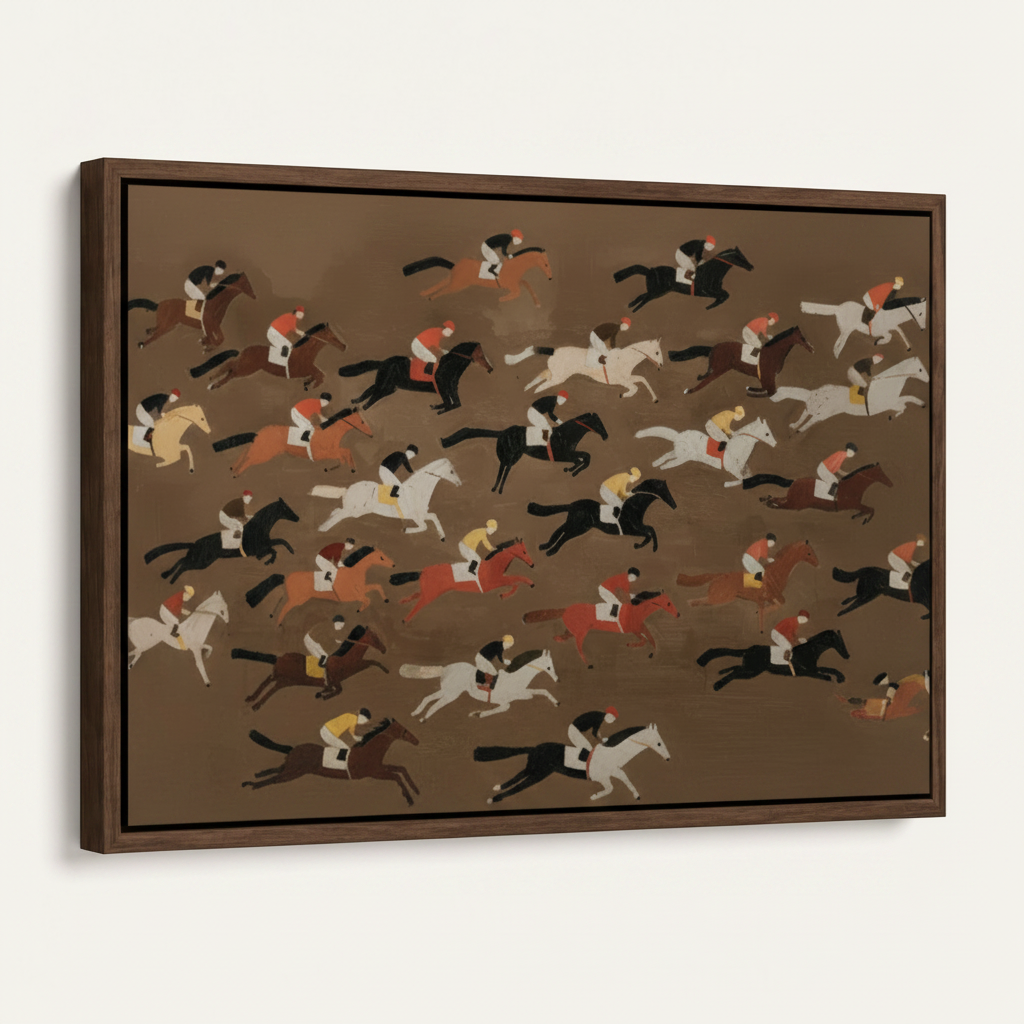 Framed canvas horse racing wall art with dark walnut float frame, angled product view
