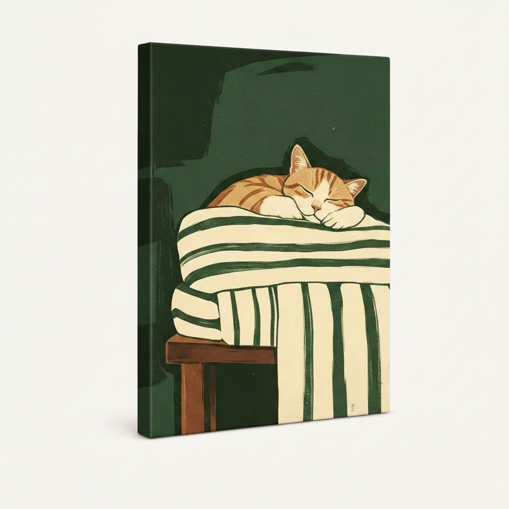 Gallery wrapped sleeping cat canvas print angled product shot on white background