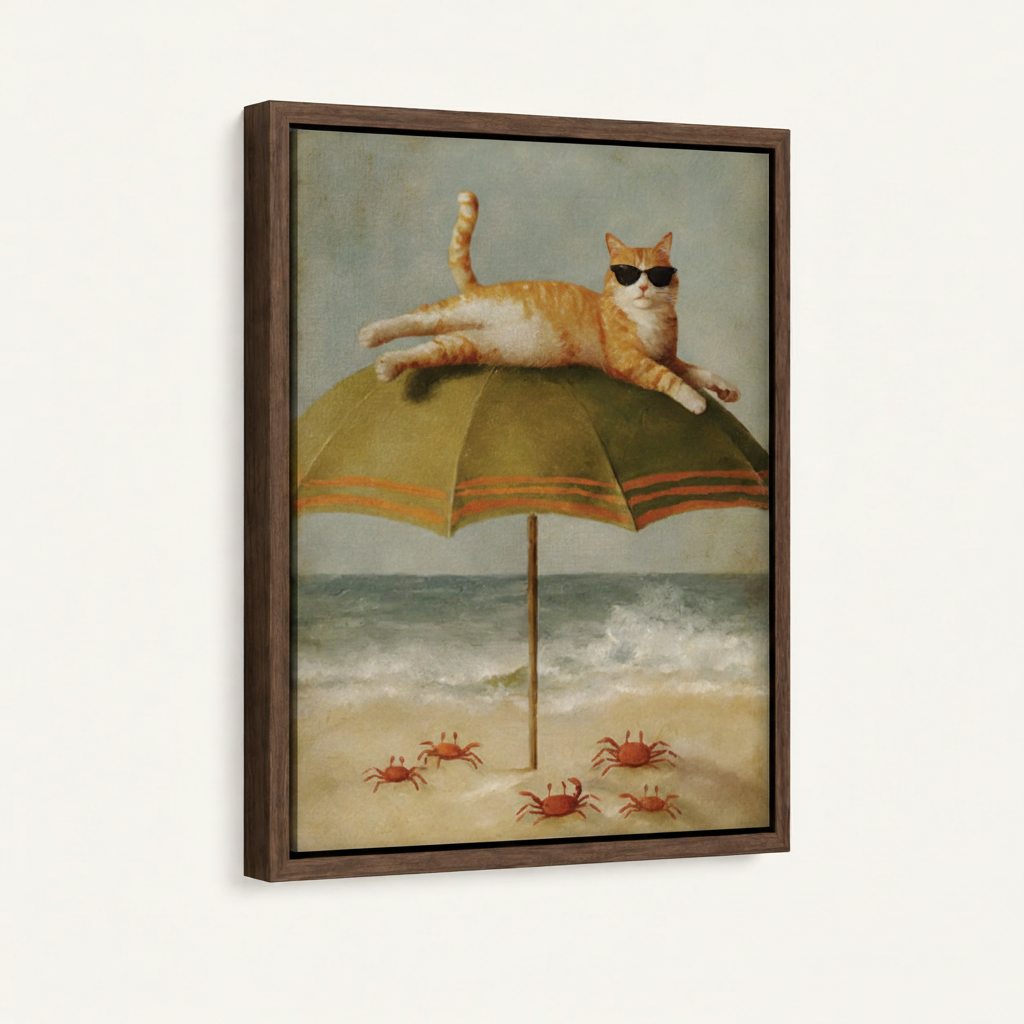 Orange tabby cat beach umbrella canvas in wide dark walnut float frame 3/4 angle product mockup on cream background