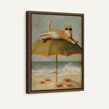Orange tabby cat beach umbrella canvas in wide dark walnut float frame 3/4 angle product mockup on cream background