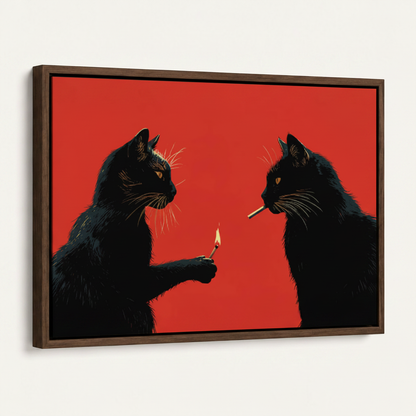 Two black cats graphic illustration canvas in dark walnut float frame at 45-degree angle on white background