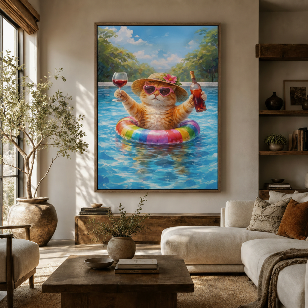Bold funny cat with wine glass pool canvas above sideboard in warm modern living room